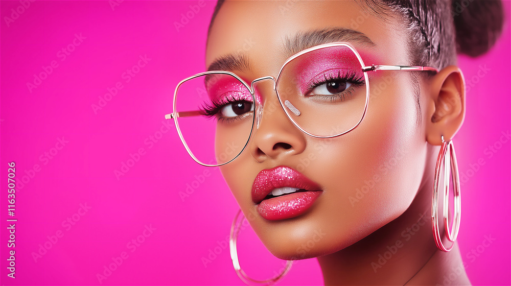 Fashionable woman with bold magenta glasses and confident expression against a neon pink background. A striking portrayal of individuality and style. Fashionable woman with bold magenta glasses and confident expression against a neon pink background. A striking portrayal of individuality and style.