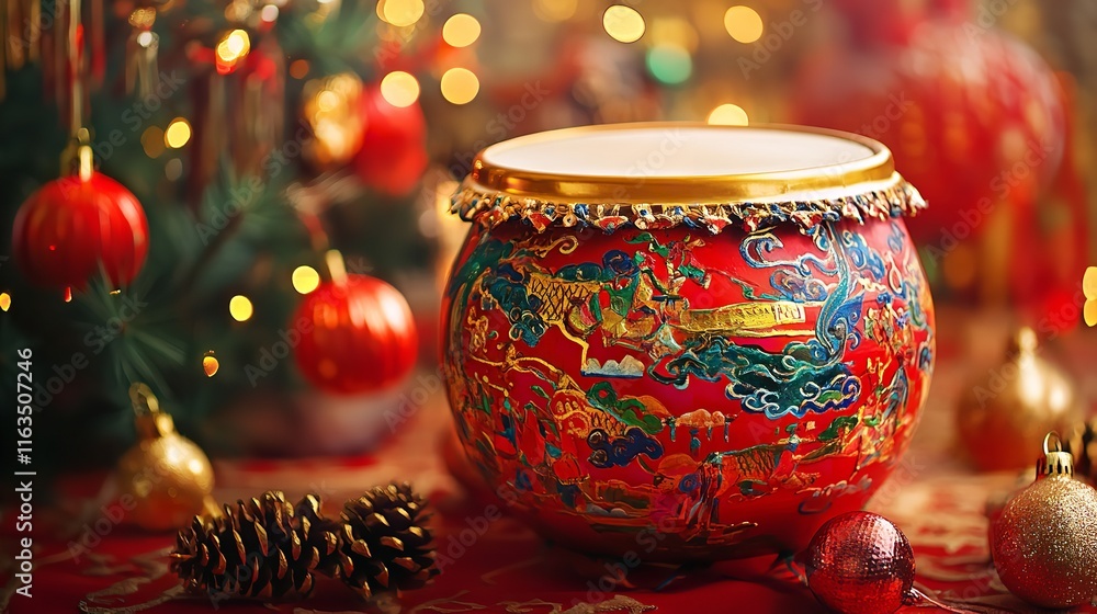 A Traditional Chinese Drum Painted in Vibrant Adorned with A Traditional Chinese Drum Painted in Vibrant Adorned with