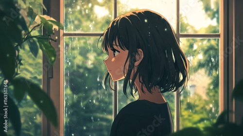 Sad anime girl contemplating by window – top view, vivid colors, emotional animation scene perfect for lofi background music