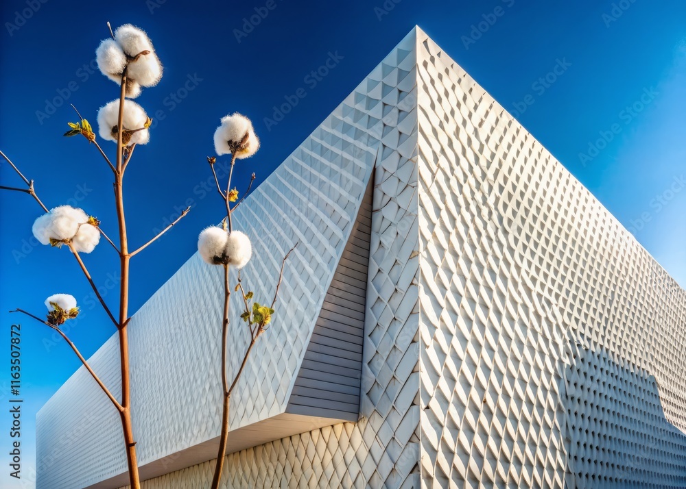 Fototapeta premium Architectural Photography: Modern Building with Cotton Boll Detail, Textured Walls