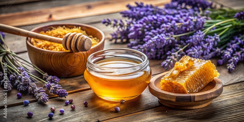 Honeycomb Lavender Honey Jar Wooden Table Still Life Honeycomb Lavender Honey Jar Wooden Table Still Life