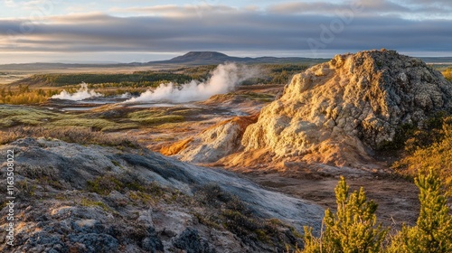  Geothermal Landscape: A Breathtaking Panorama of Geothermal Activity at Sunrise