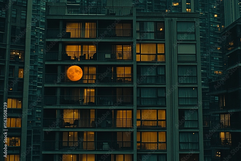Urban Night View with Moonlit Apartment Windows Urban Night View with Moonlit Apartment Windows