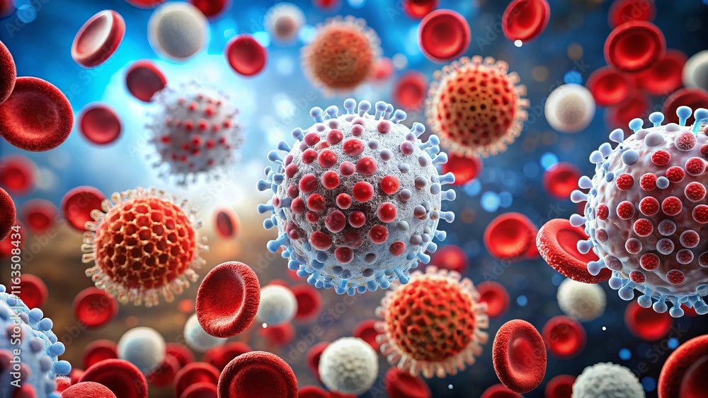 Blood Test Analysis: Microscopic View of Red and White Blood Cells, Rule of Thirds Composition Blood Test Analysis: Microscopic View of Red and White Blood Cells, Rule of Thirds Composition