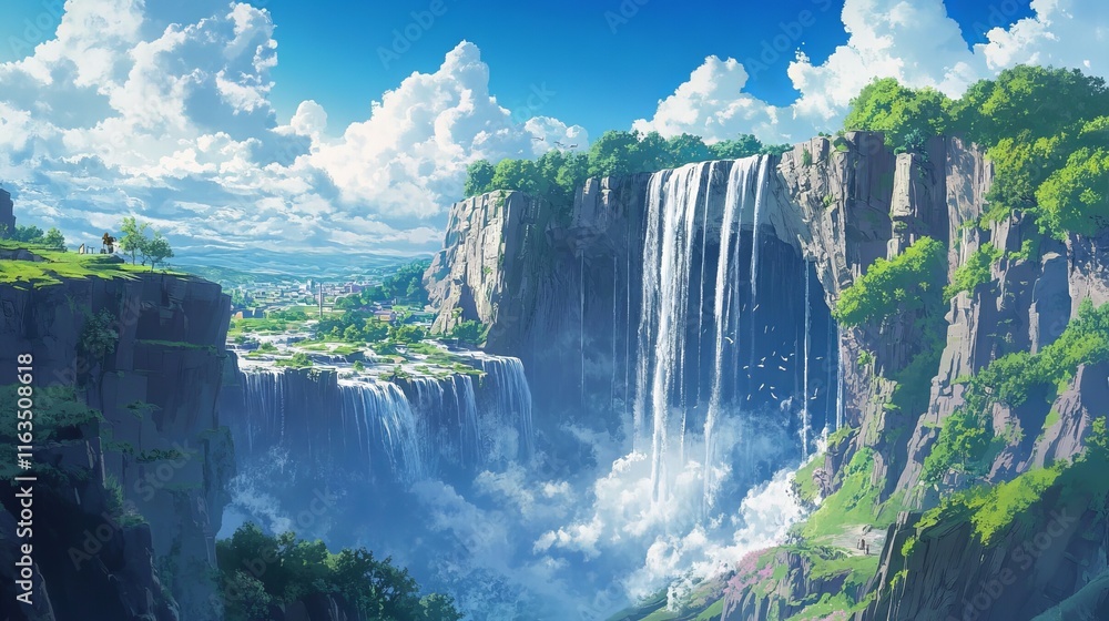 Fototapeta premium Anime landscape featuring majestic waterfall and rocky cliffs under a bright blue sky – top view animation scene