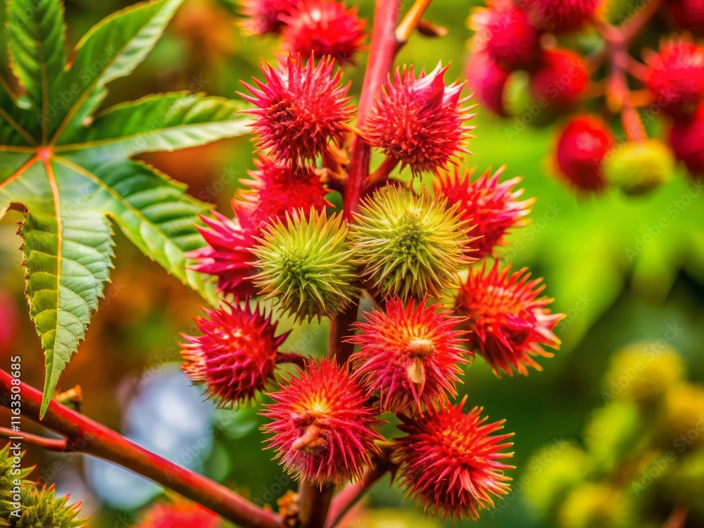 Castor Bean Plant Seeds Pods Closeup - Organic Farming Detail Castor Bean Plant Seeds Pods Closeup - Organic Farming Detail
