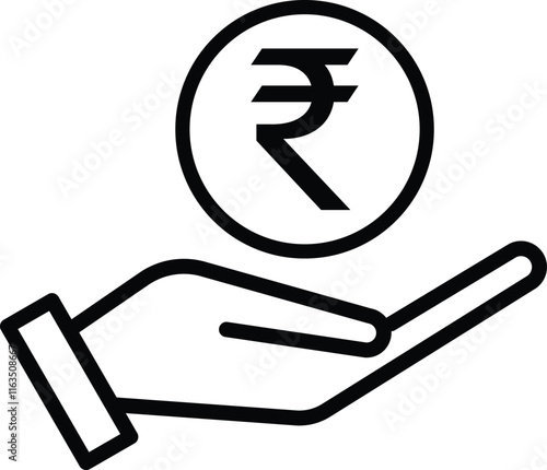 Rupee on hand icon isolated on white background . Rupee save icon . Rupee coin on hand icon vector