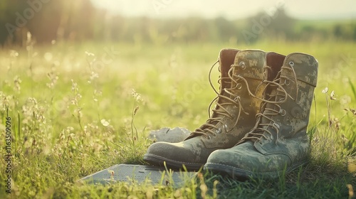 Worn Military Boots on Grass in Sunset Light photo