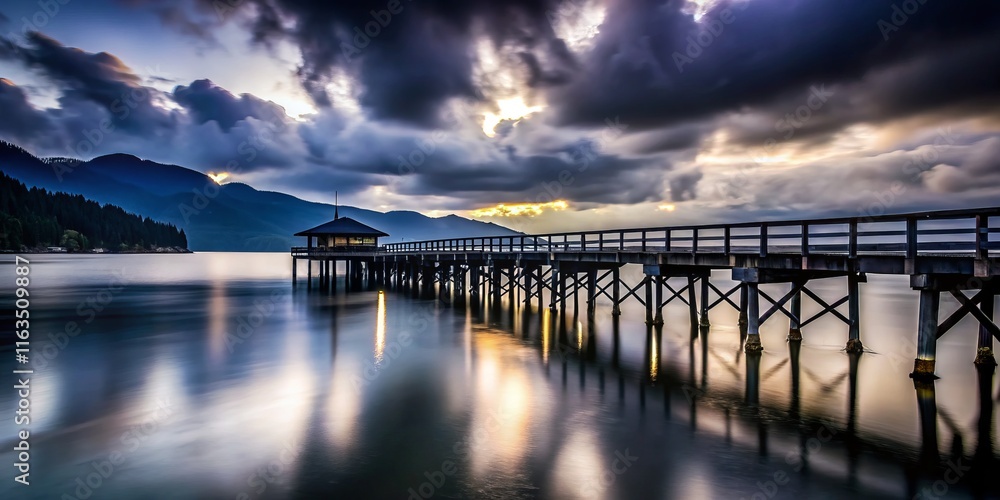 Fototapeta premium Deep Cove Pier Silhouette, Cloudy Day, North Vancouver, BC, Canada