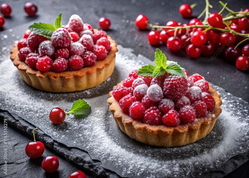 Delicious Red Fruit Tart with Raspberry, Redcurrant & Cream - Slate Background Delicious Red Fruit Tart with Raspberry, Redcurrant & Cream - Slate Background