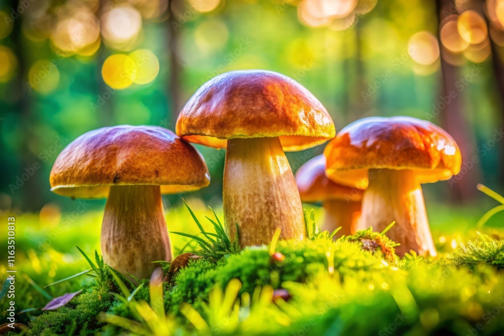 Edible Porcini Mushrooms Macro Photography - Green Grass Background Edible Porcini Mushrooms Macro Photography - Green Grass Background