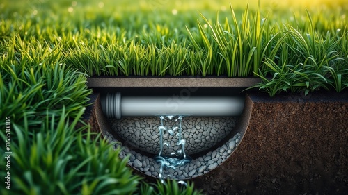 Underground Drainage System Water Flowing Through Pipe and Gravel Bed, Surrounded by Lush Green Grass