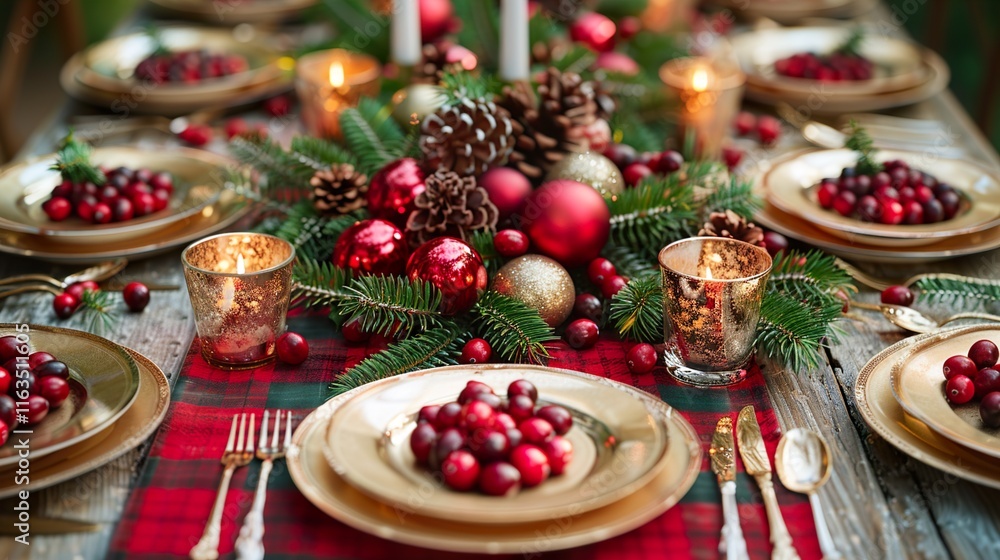 a festive dining room setup with a rustic table adorned in red and green plaid, gold plates, silverware, and a pine centerpiece with cranberries a festive dining room setup with a rustic table adorned in red and green plaid, gold plates, silverware, and a pine centerpiece with cranberries