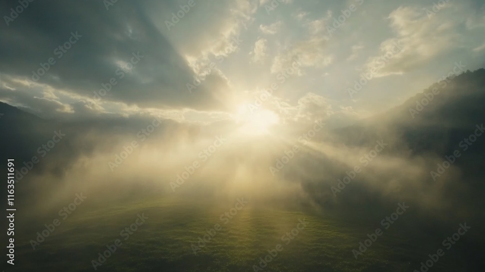 Sunrise breaking through mist over a valley. Sunrise breaking through mist over a valley.