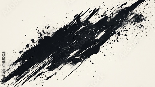 Abstract black ink splatter on beige background.