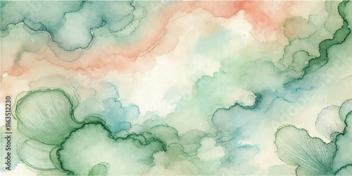 Soft Abstract Watercolor Background with Green and Peach Tones