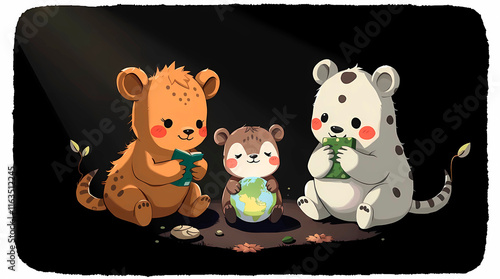 Three cute animals with a caring theme are holding a book and a globe on a dark background photo