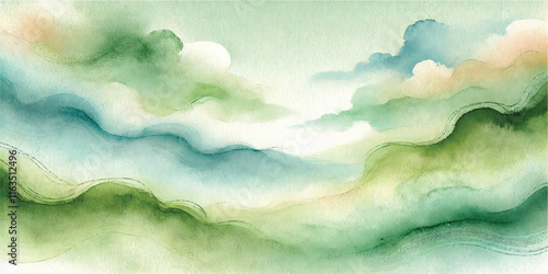 Soft Abstract Watercolor Background with Green and Peach Tones