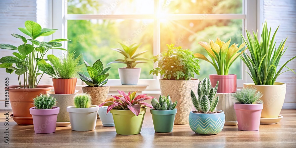 Fototapeta premium Pastel Potted Plants Sunny Window - Indoor Garden