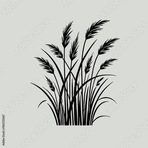 very simple flat and minimalist reeds and coastal grass detailed silhouette in black color on a white background