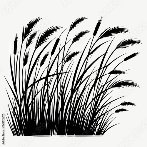 very simple flat and minimalist reeds and coastal grass detailed silhouette in black color on a white background