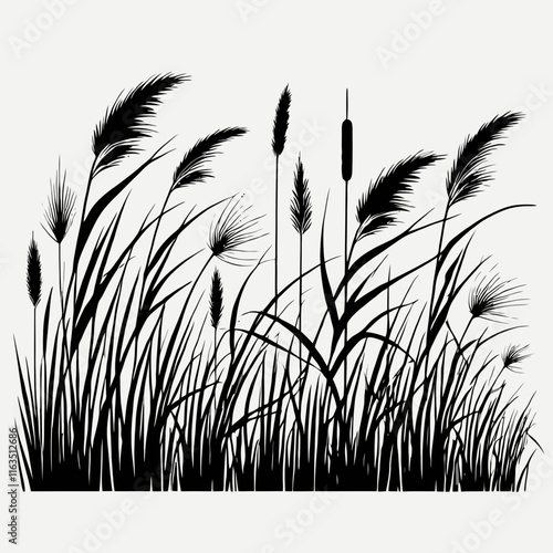 very simple flat and minimalist reeds and coastal grass detailed silhouette in black color on a white background