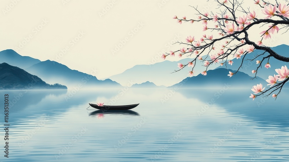 Fototapeta premium Serene landscape painting of a small boat on a calm lake, nestled amidst misty mountains and delicate pink blossoms.