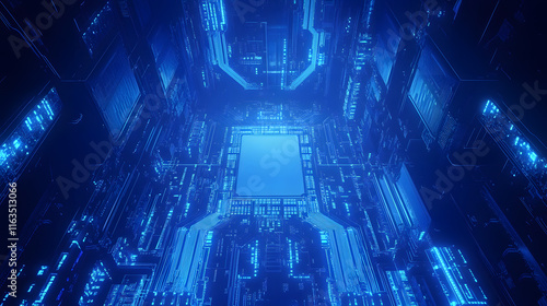 Wallpaper Mural Futuristic Digital Representation of a Computer Processor Surrounded by Complex Circuitry and Blue Light, Showcasing Advanced Technology and Innovation Torontodigital.ca