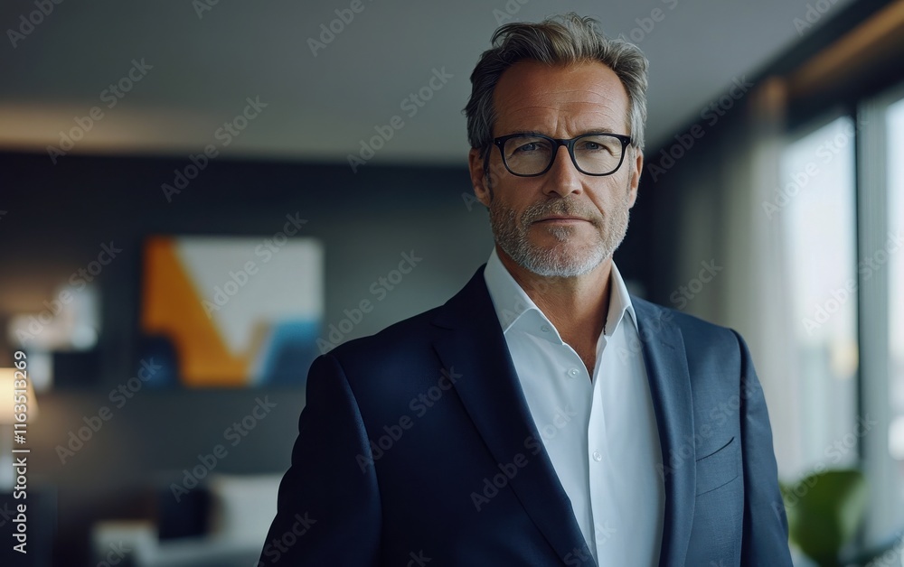 Obraz premium A middle-aged businessman wearing a classic navy suit and glasses, standing confidently in a modern conference room.