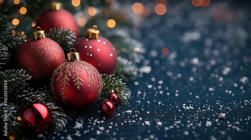 Festive Red Christmas Ornaments with Pine Branches and Sparkling Background Festive Red Christmas Ornaments with Pine Branches and Sparkling Background