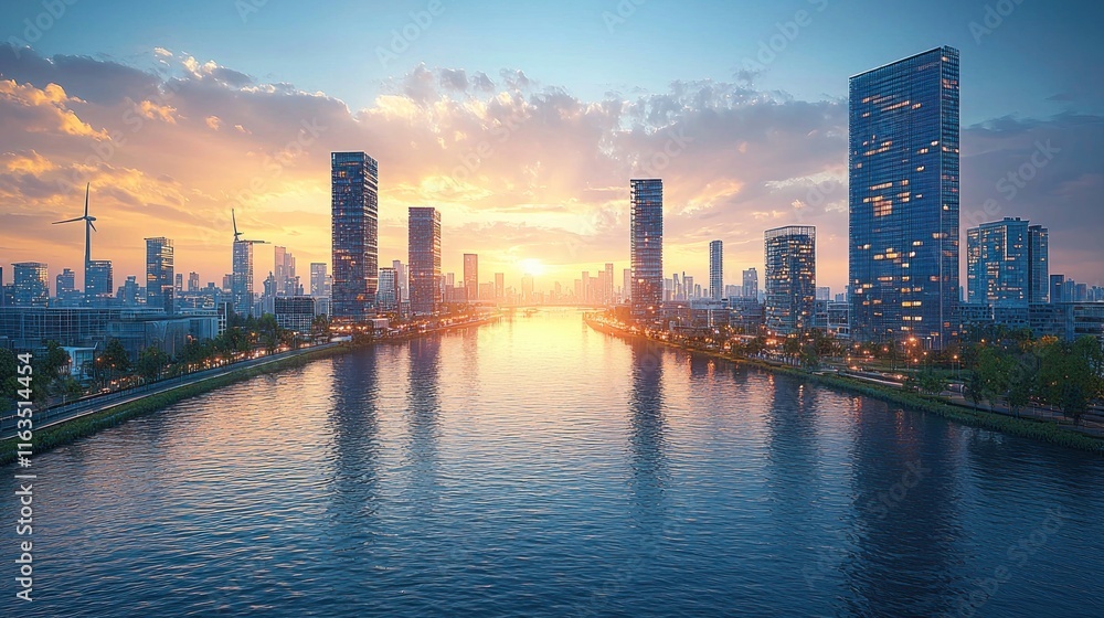 A vibrant cityscape at sunset, reflecting buildings and water in a serene atmosphere. A vibrant cityscape at sunset, reflecting buildings and water in a serene atmosphere.