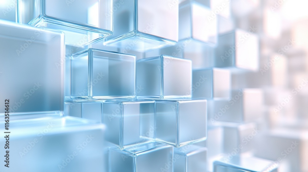 Obraz premium Abstract 3D cubes design. Geometric shapes form a transparent pattern. Modern digital background in blue tones. Light and reflection highlight sleek style. Futuristic concept blends elegance and