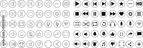 Media player icon set. Multimedia music audio control Media player interface symbol Play pause skip stop vector collection isolated on transparent background for mobile app website UI operation