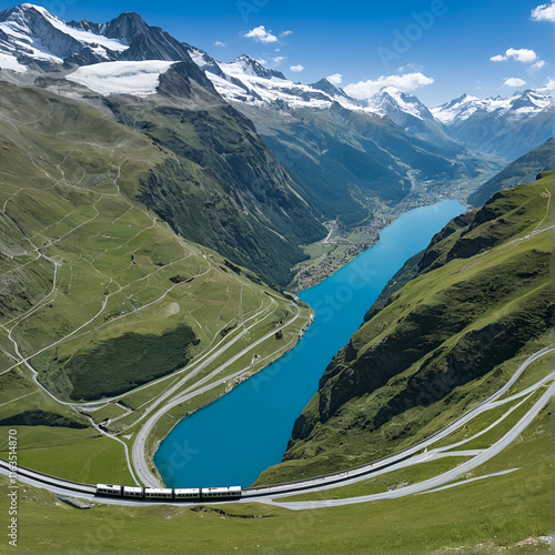 Svizzera - Passo del Bernina - Vista aerea panoramica con ferrovia photo