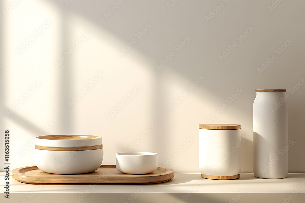 Minimalist Homeware Display: White Containers and Wooden Tray Minimalist Homeware Display: White Containers and Wooden Tray