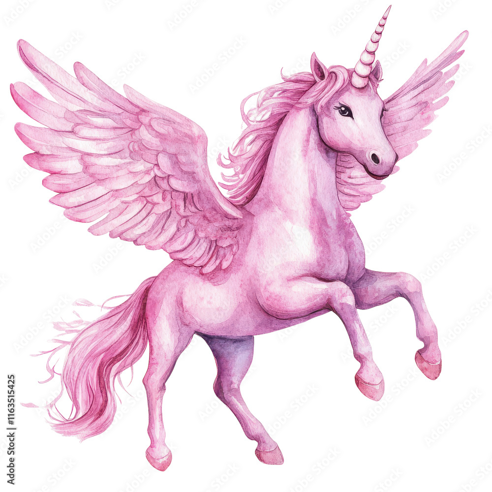Fototapeta premium Enchanting Watercolor Illustration of a Pink Unicorn with Wings Perfect for Magical and Fantasy-Themed Designs, Art Projects, and Children's Books Transparent background