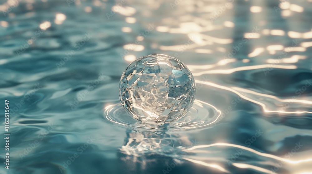 Clear sphere resting on rippled water surface. Clear sphere resting on rippled water surface.