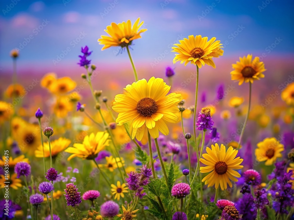 Fototapeta premium Summer Meadow Wildflowers Purple Background AI Art
