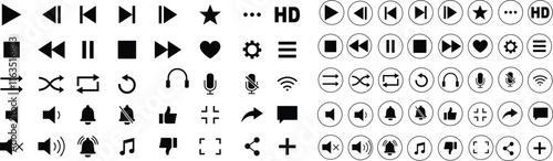 Media player icon set. Multimedia music audio control Media player interface symbol Play pause skip stop vector collection isolated on transparent background for mobile app website UI operation