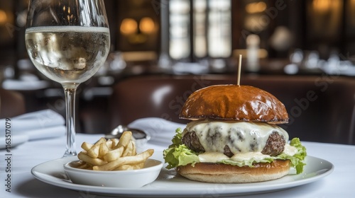 Gourmet Cheeseburger with French Fries and White Wine photo