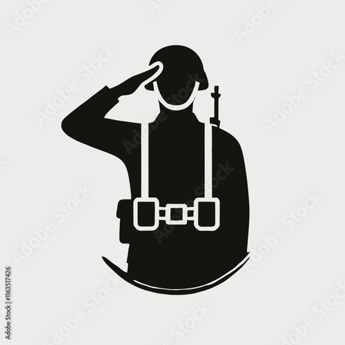 very simple flat and minimalist salute soldier silhouette in black on a white background