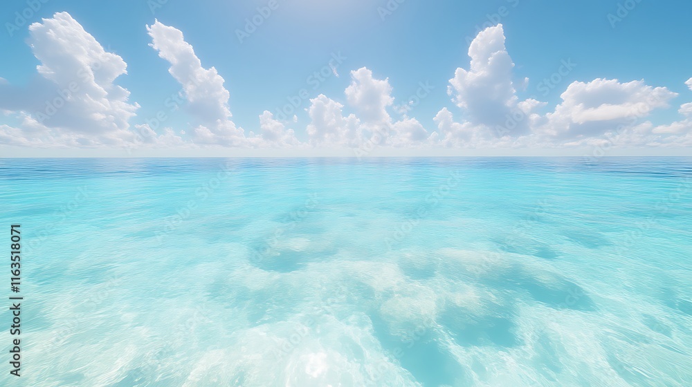 Fototapeta premium Serene Ocean Scene Under Blue Sky With Fluffy Clouds
