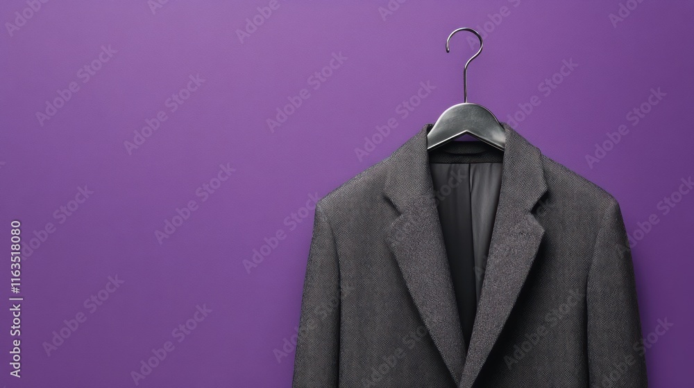 Grey suit jacket hanging on a black hanger against a purple background. Grey suit jacket hanging on a black hanger against a purple background.