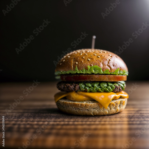 Big hamburger with huge ham piece and a lot of cheese