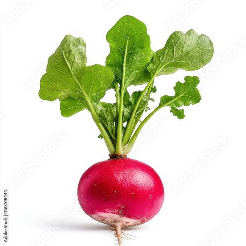 Fresh Organic Red Radish with Green Leaves on White Background
