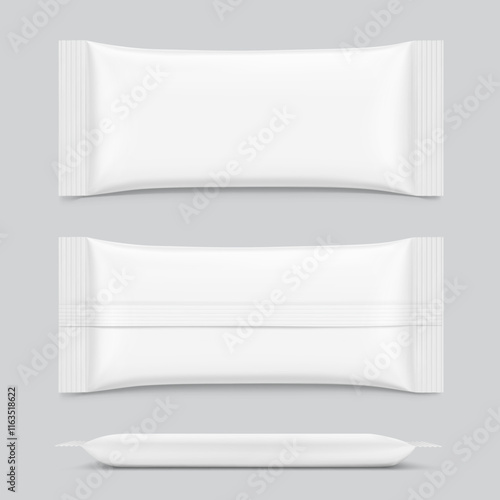 Realistic flow packaging mockup for bars, candies, waffles. Front, back and side views. Vector illustration on grey background. Easy to use for presentation your product, idea, design. EPS10.