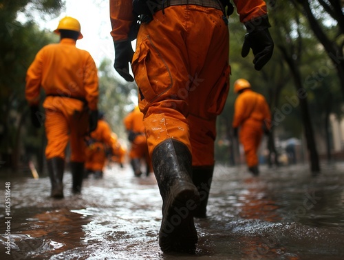 Wallpaper Mural Rescue operations amidst flooding urban area emergency response wet environment ground level public safety Torontodigital.ca