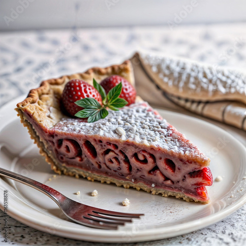 A piece of strawberry pie on a white plate