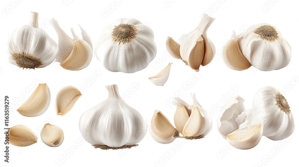 Fototapeta premium Garlic Bulbs and Cloves Isolated on Transparent Background png
