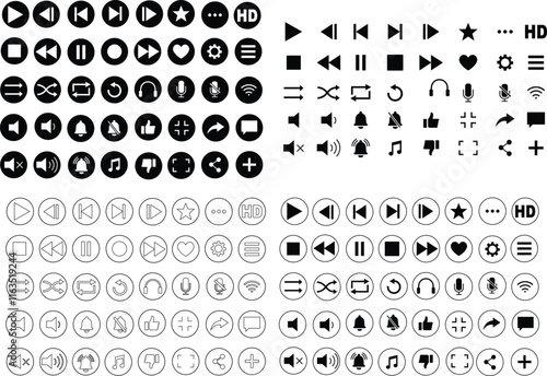 Media player icon set. Multimedia music audio control Media player interface symbol Play pause skip stop vector collection isolated on transparent background for mobile app website UI operation